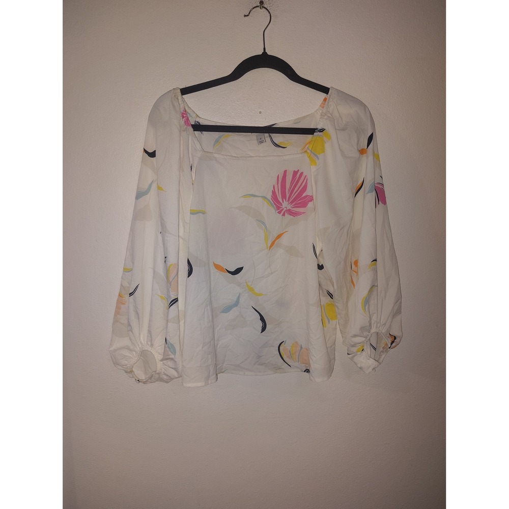 A New Day Floral Balloon Sleeve Blouse White Pink Yellow Square Neck Top Medium